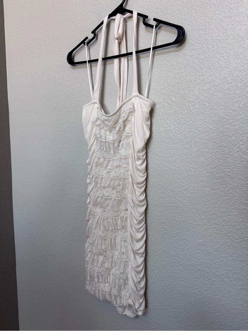 Vintage Guess Tiered Lace Ruched Halter Mini Dress White Women’s S Ruffle Bridal